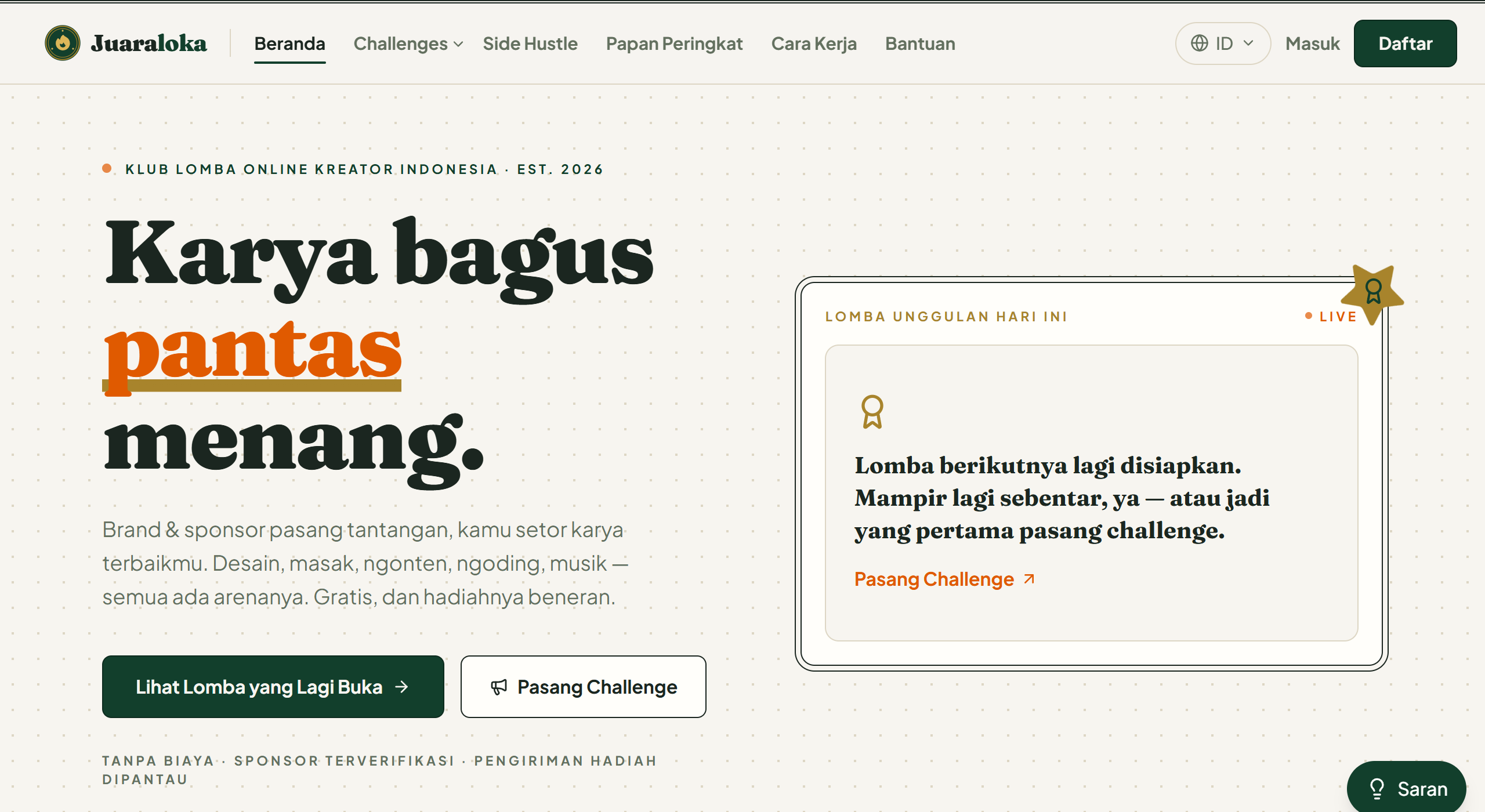 Tangkapan layar beranda Juaraloka — klub lomba online kreator Indonesia